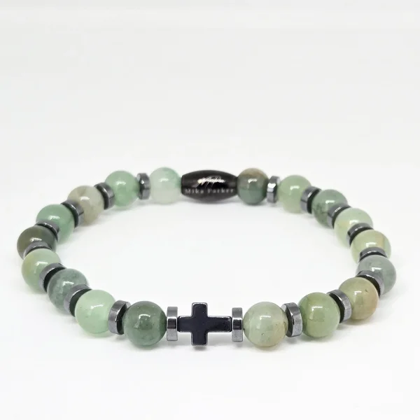 Aventurine with Hematite Cross — handmade gemstone bracelet by Mika, Tbilisi