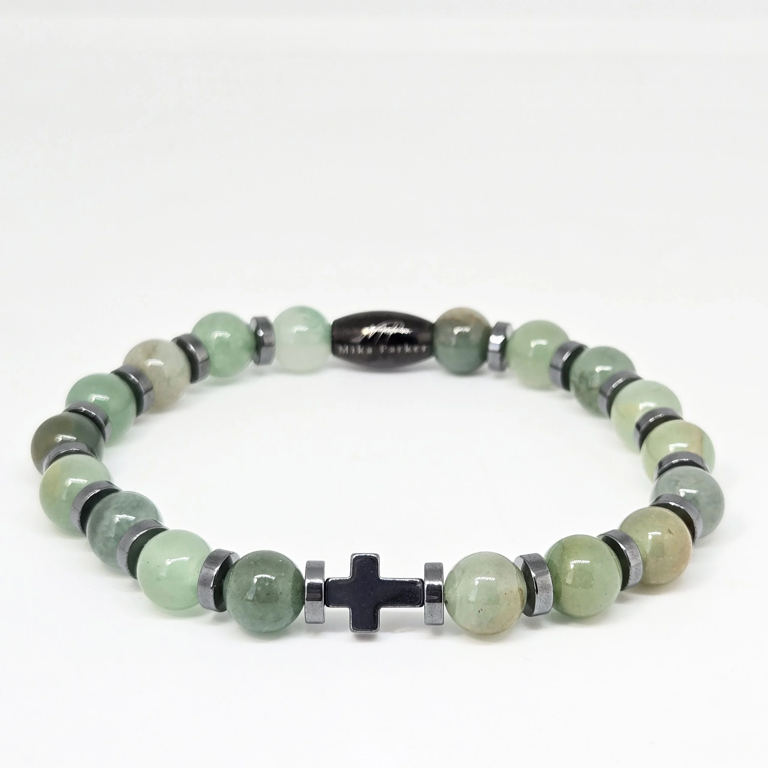 Aventurine with Hematite Cross — handmade gemstone bracelet by Mika, Tbilisi