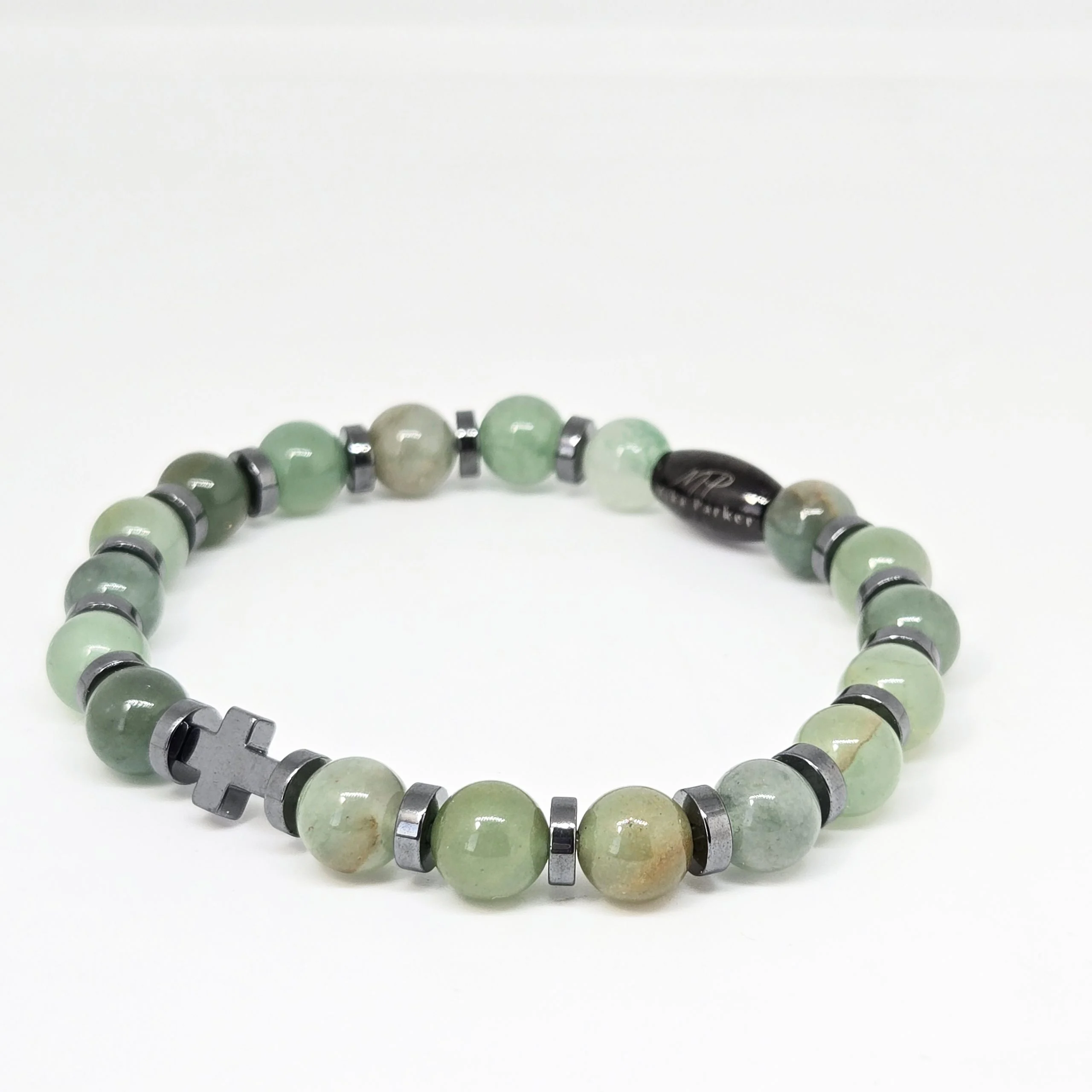 Aventurine with Hematite Cross — handmade gemstone bracelet by Mika, Tbilisi