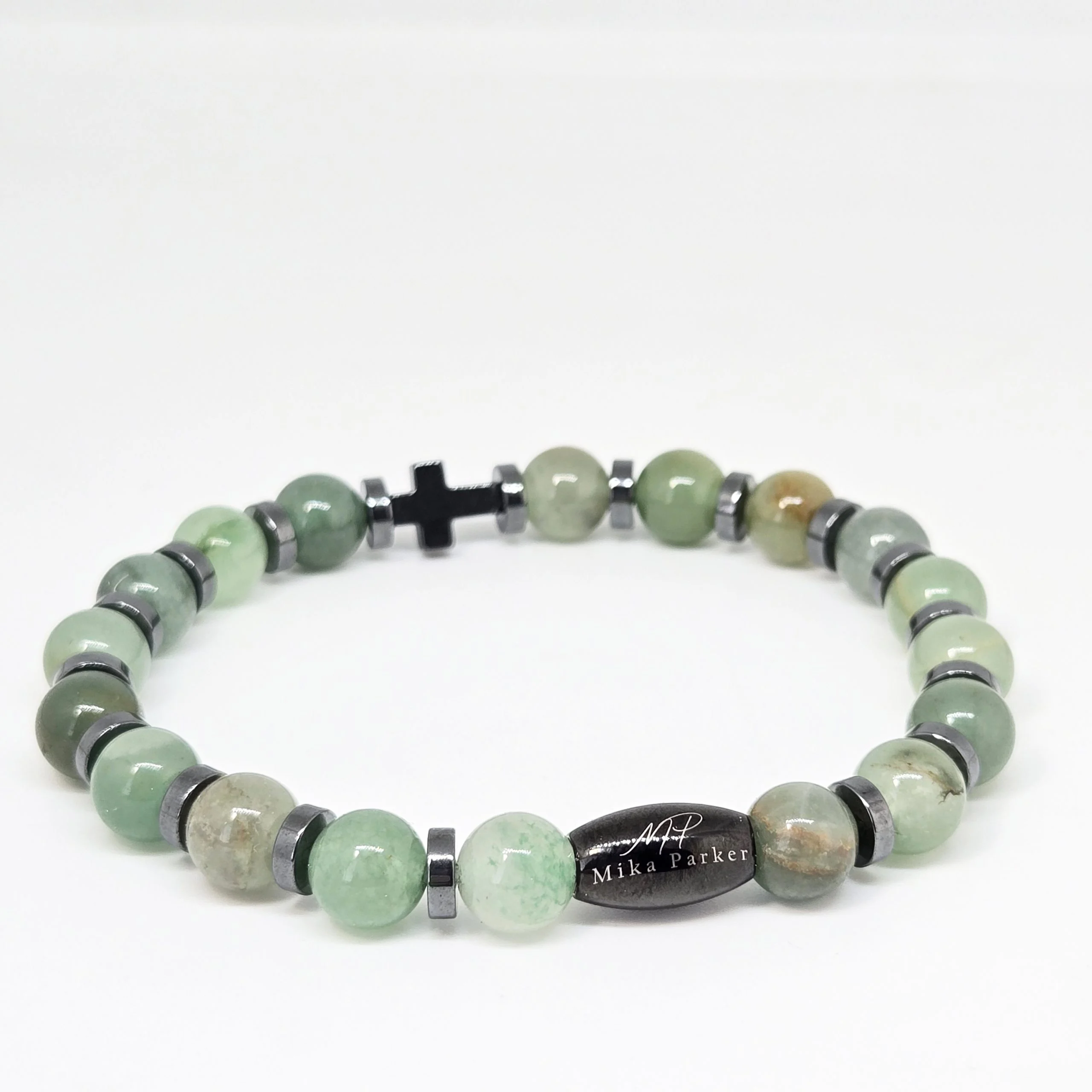 Aventurine with Hematite Cross — handmade gemstone bracelet by Mika, Tbilisi